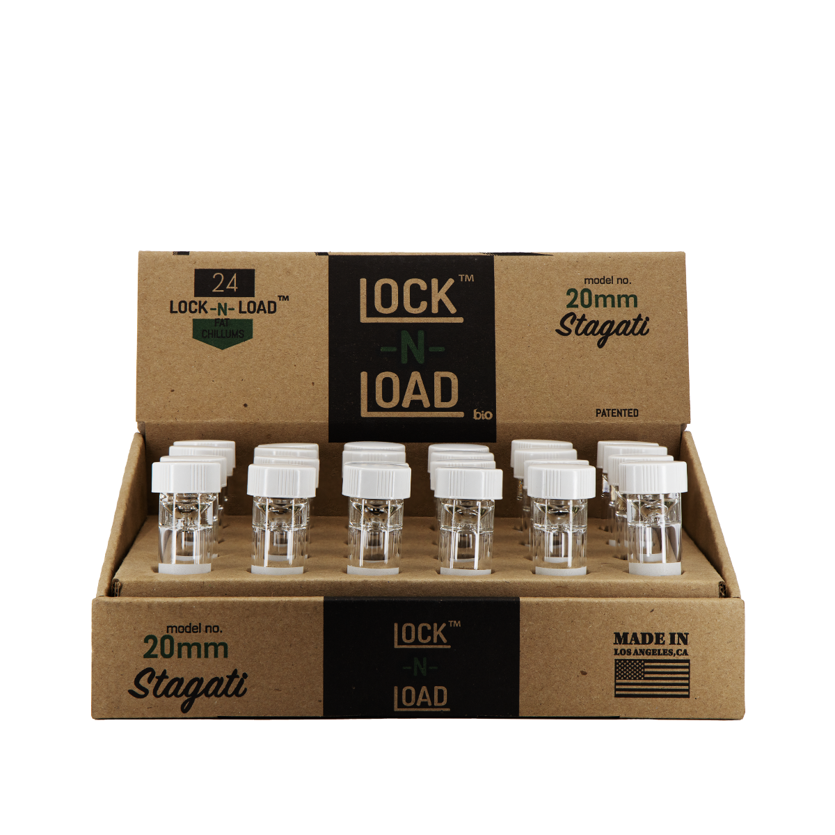 The Lock-N-Load Stagati is the larger 20mm iteration of the Lock-N-Load one-hitter 9mm chillum, made with pharmaceutical-grade glass. With convenience and portability in mind, the Stagati allows for flower to be packed and safely stored with a easy to secure white twist cap. The Stagati's increased bowl size gives users a longer session whenever, wherever.