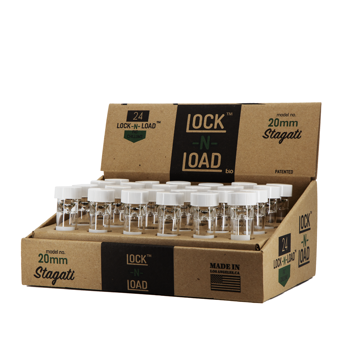 The Lock-N-Load Stagati is the larger 20mm iteration of the Lock-N-Load one-hitter 9mm chillum, made with pharmaceutical-grade glass. With convenience and portability in mind, the Stagati allows for flower to be packed and safely stored with a easy to secure white twist cap. The Stagati's increased bowl size gives users a longer session whenever, wherever.